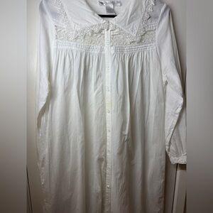Eileen West 100% Cotton White Floral Lace Button Front Long Sleeve Nightgown XS